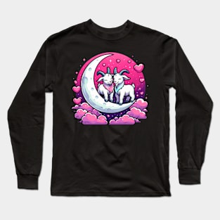 Valentine Goats Lovers Couple on Moon valentines day Long Sleeve T-Shirt